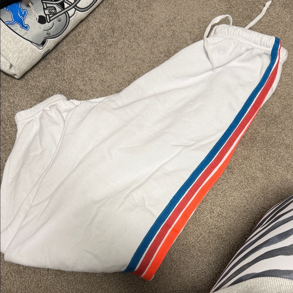 Aviator Nation White Sweatpants with Red and Blue Stripes